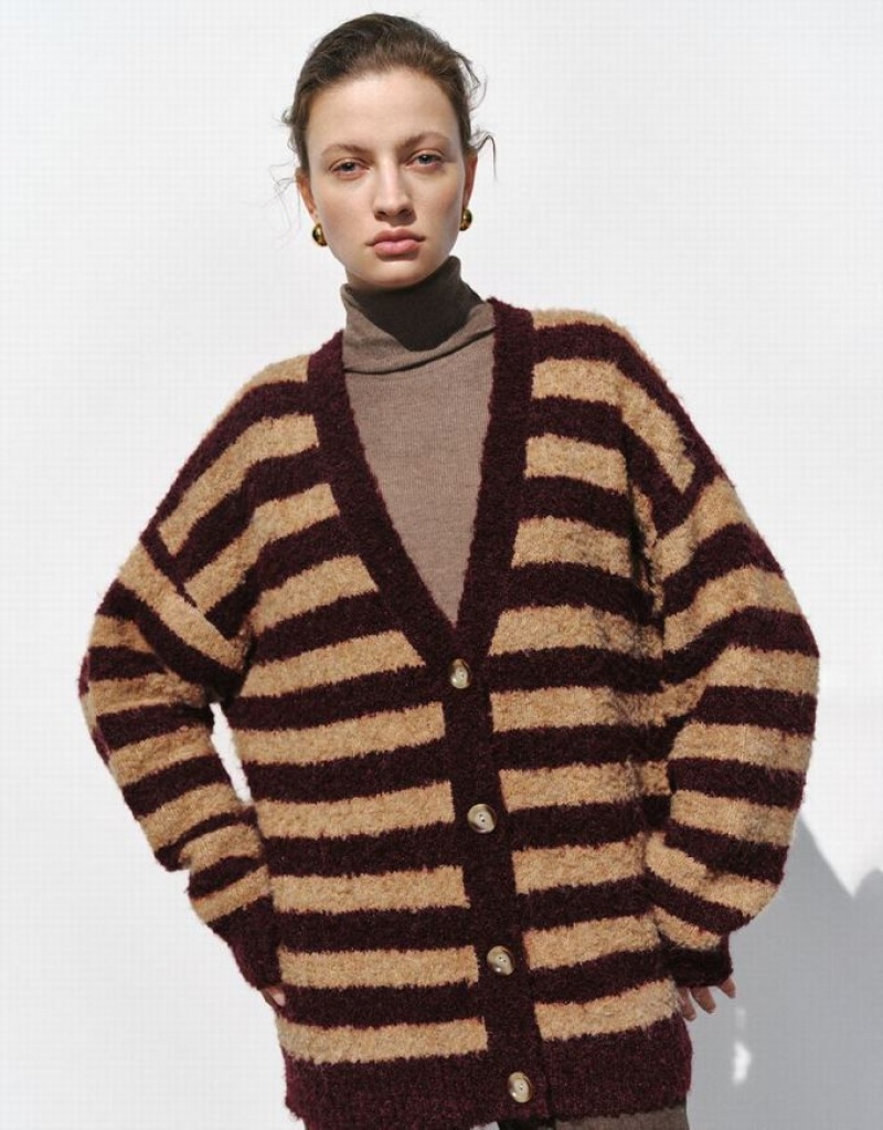 Multicolor Urban Revivo Furry Striped V-Neck Knitted Women\'s Cardigan | 08149WOEC