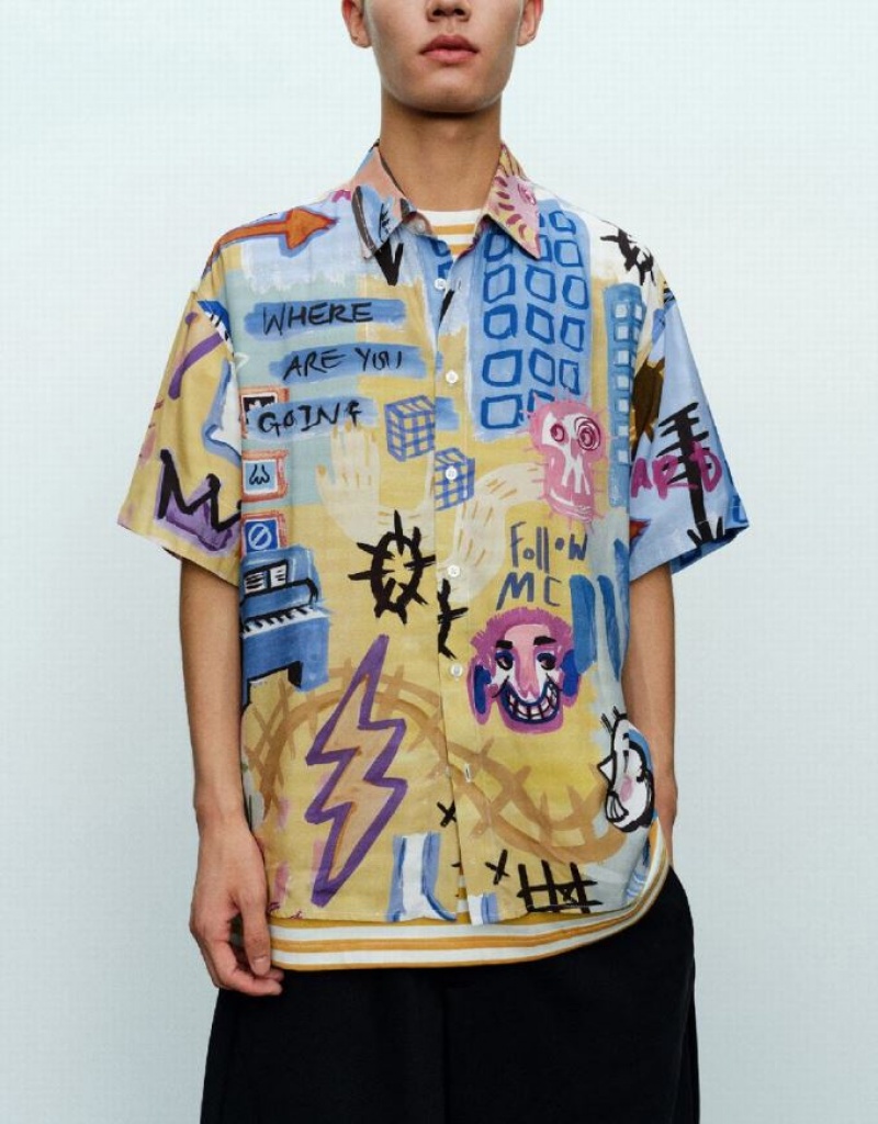 Multicolor Urban Revivo Graffiti Printed Loose Men's Shirts | 89071OHUS