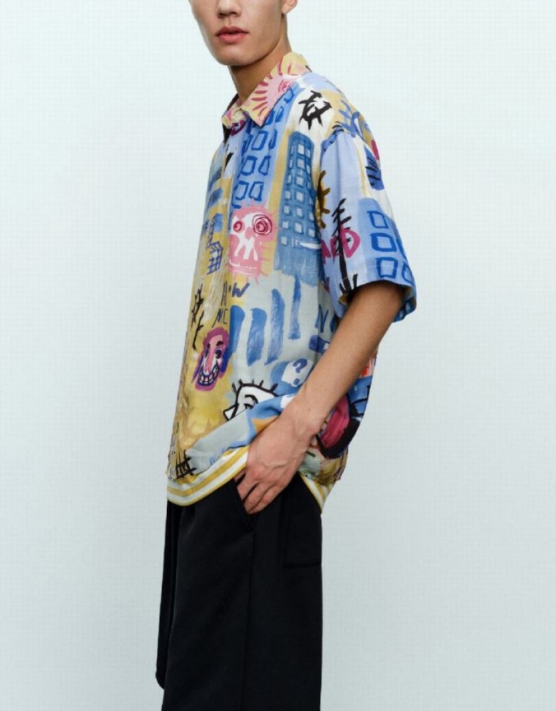 Multicolor Urban Revivo Graffiti Printed Loose Men's Shirts | 89071OHUS
