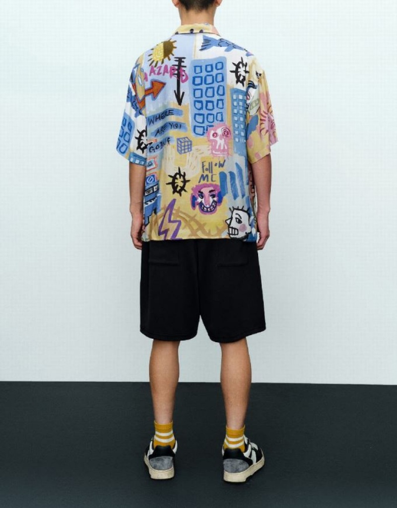 Multicolor Urban Revivo Graffiti Printed Loose Men's Shirts | 89071OHUS