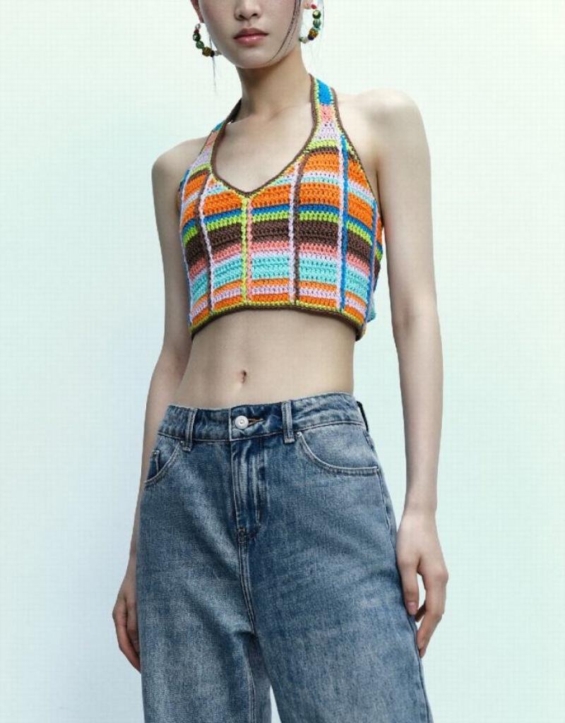 Multicolor Urban Revivo Halter Neck Crochet Striped Women's Cardigan | 01632IAPN