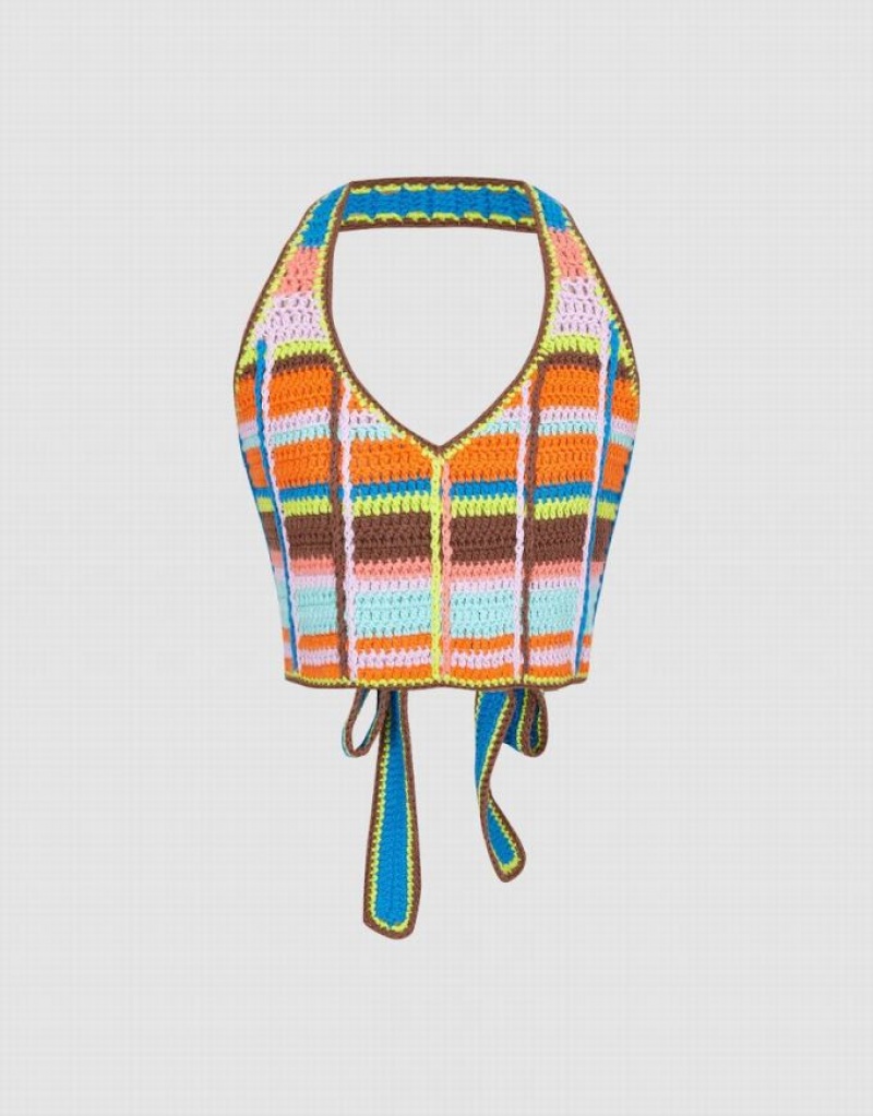 Multicolor Urban Revivo Halter Neck Crochet Striped Women\'s Cardigan | 01632IAPN
