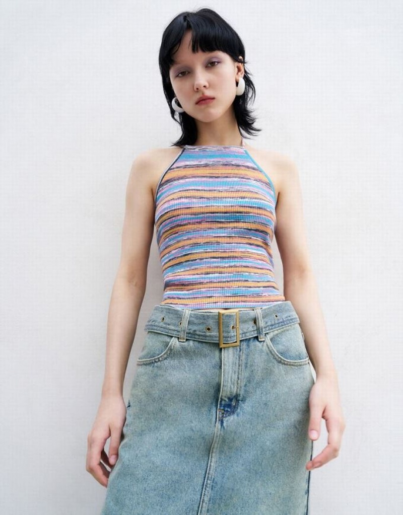 Multicolor Urban Revivo Halter Neck Striped Knitted Women\'s Cardigan | 56189LVXH