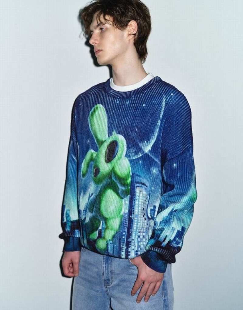 Multicolor Urban Revivo Interstellar Bunny Printed Knitted Men's Cardigan | 75294JIHN