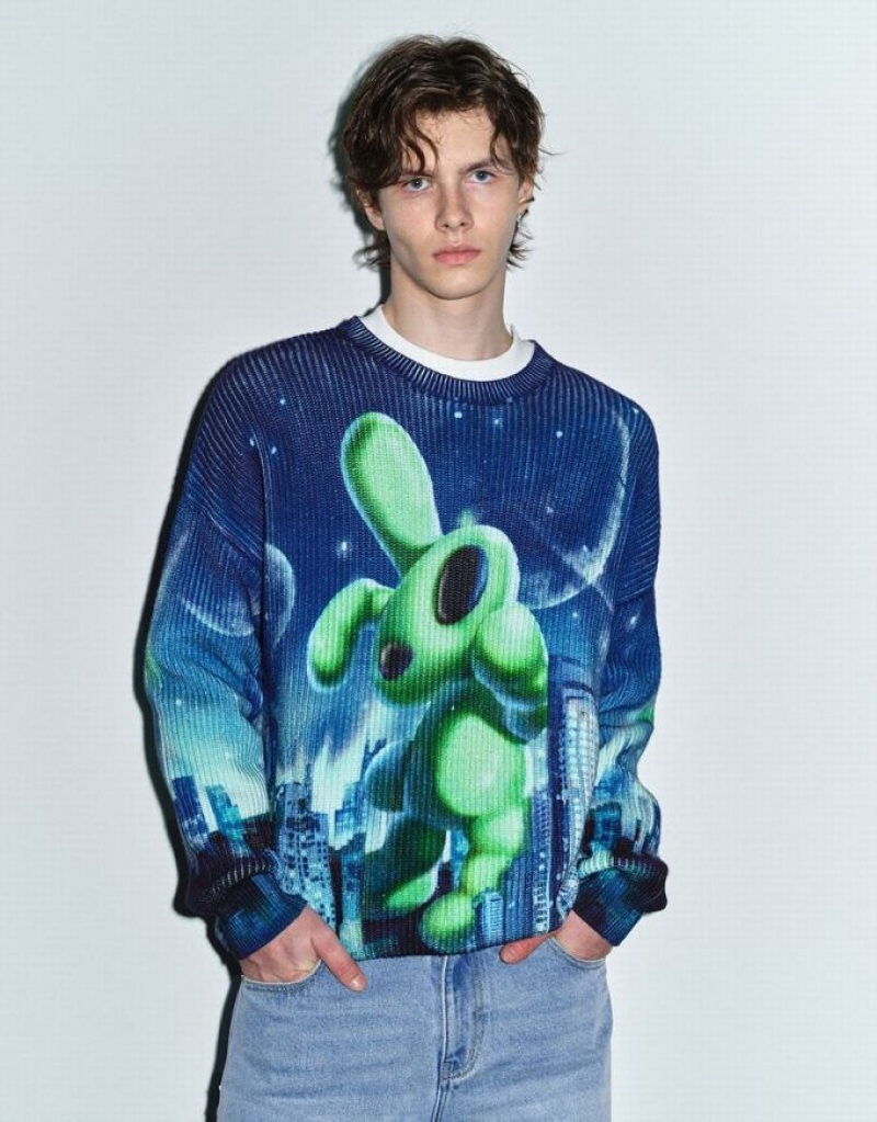 Multicolor Urban Revivo Interstellar Bunny Printed Knitted Men\'s Cardigan | 75294JIHN