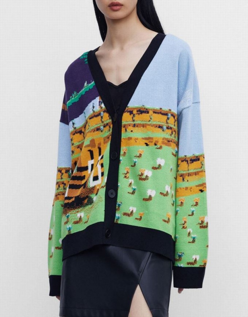 Multicolor Urban Revivo Landscape Contrast Trim Women's Cardigan | 25748RHKC