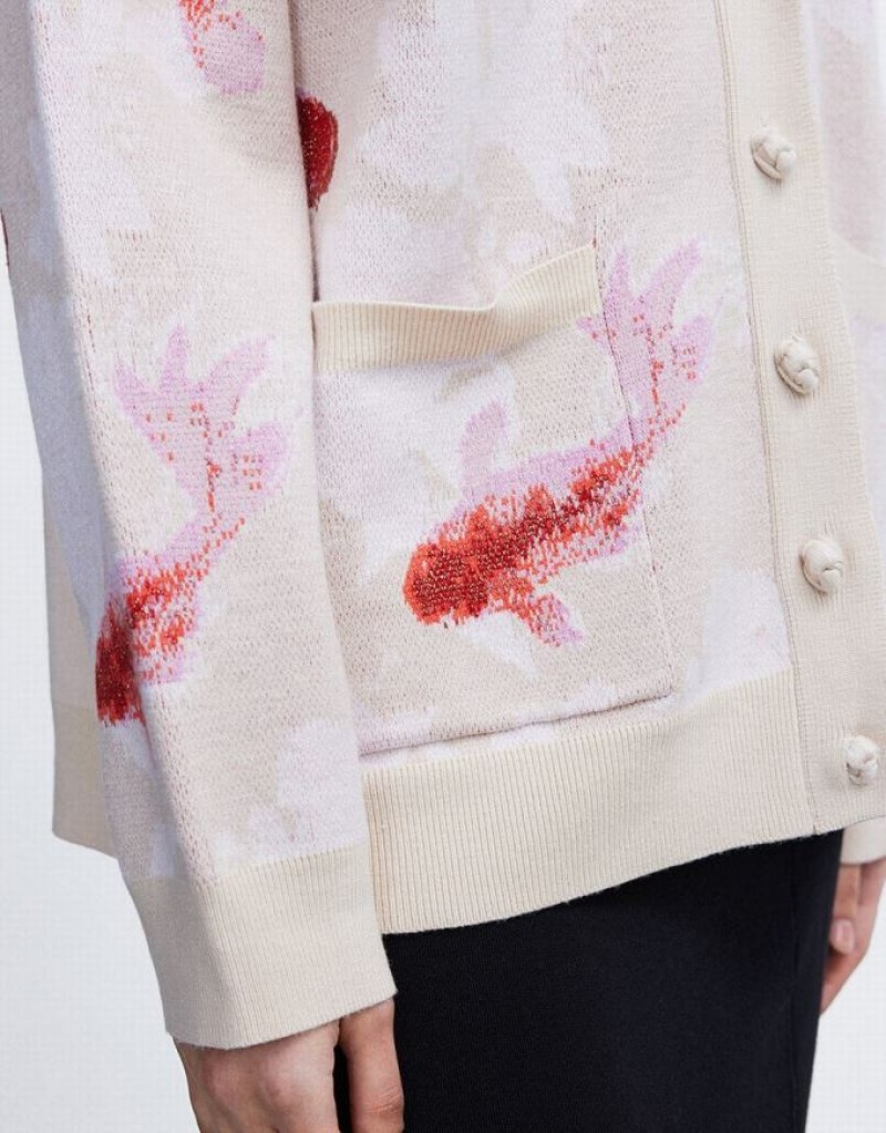 Multicolor Urban Revivo Lucky Fish Jacquard V Neck Women's Cardigan | 43619KMEB