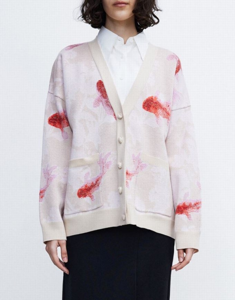 Multicolor Urban Revivo Lucky Fish Jacquard V Neck Women's Cardigan | 43619KMEB