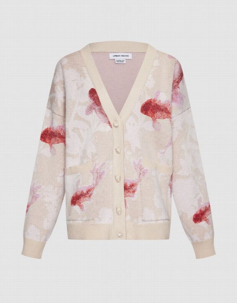 Multicolor Urban Revivo Lucky Fish Jacquard V Neck Women\'s Cardigan | 43619KMEB