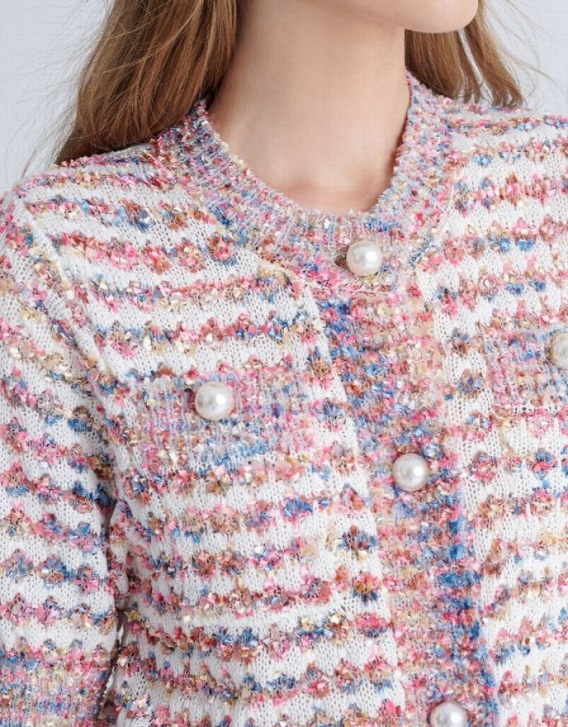 Multicolor Urban Revivo Multicolor Contrast Trim Faux Pearl Button Tweed Women's Cardigan | 10863KDRT