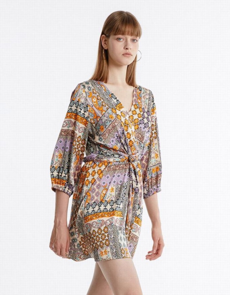 Multicolor Urban Revivo Patchwork Belted Satin Women's Casual Dress | 31279XMRL