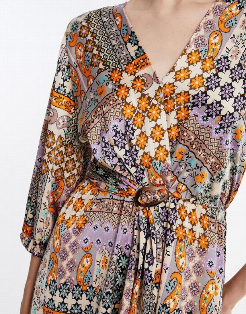 Multicolor Urban Revivo Patchwork Belted Satin Women's Casual Dress | 31279XMRL