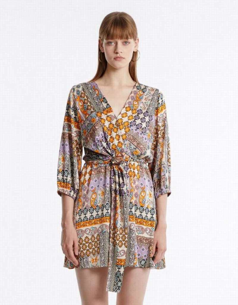 Multicolor Urban Revivo Patchwork Belted Satin Women\'s Casual Dress | 31279XMRL