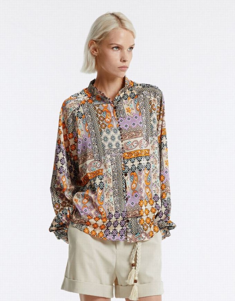 Multicolor Urban Revivo Patchwork Print Satin Women's Shirts | 86217RVGY