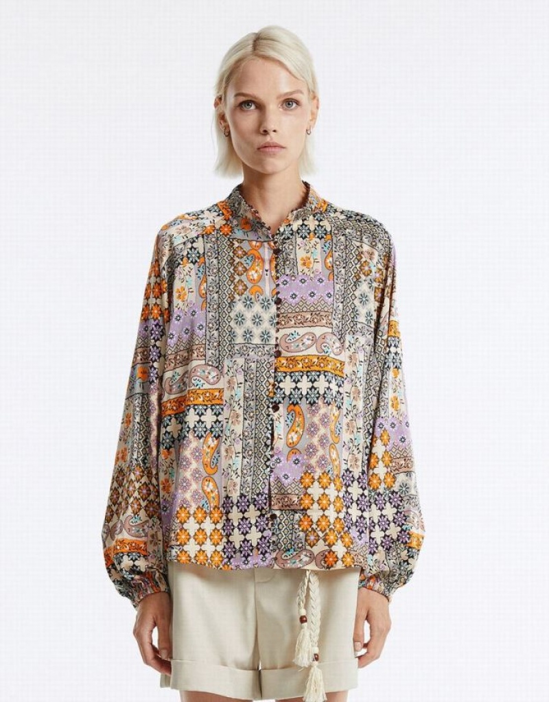 Multicolor Urban Revivo Patchwork Print Satin Women's Shirts | 86217RVGY