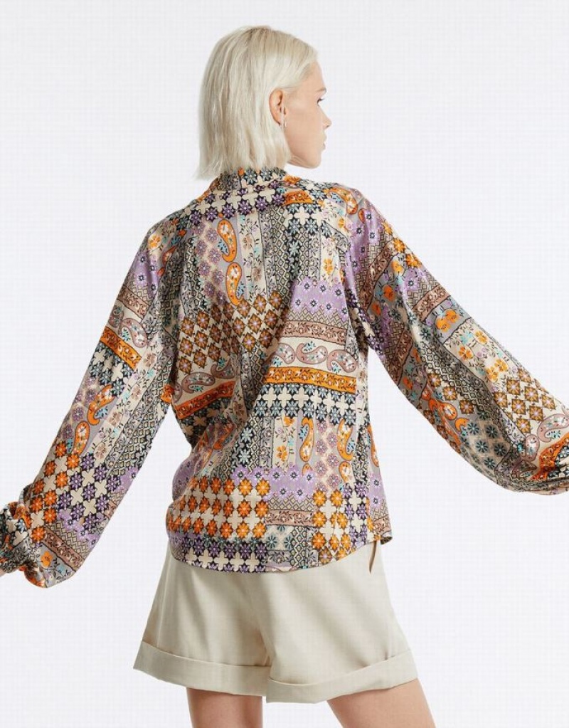 Multicolor Urban Revivo Patchwork Print Satin Women's Shirts | 86217RVGY