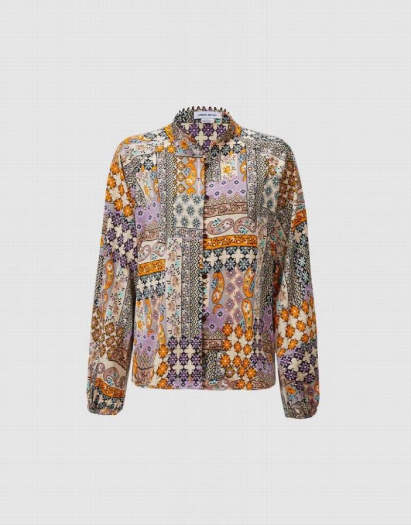Multicolor Urban Revivo Patchwork Print Satin Women\'s Shirts | 86217RVGY