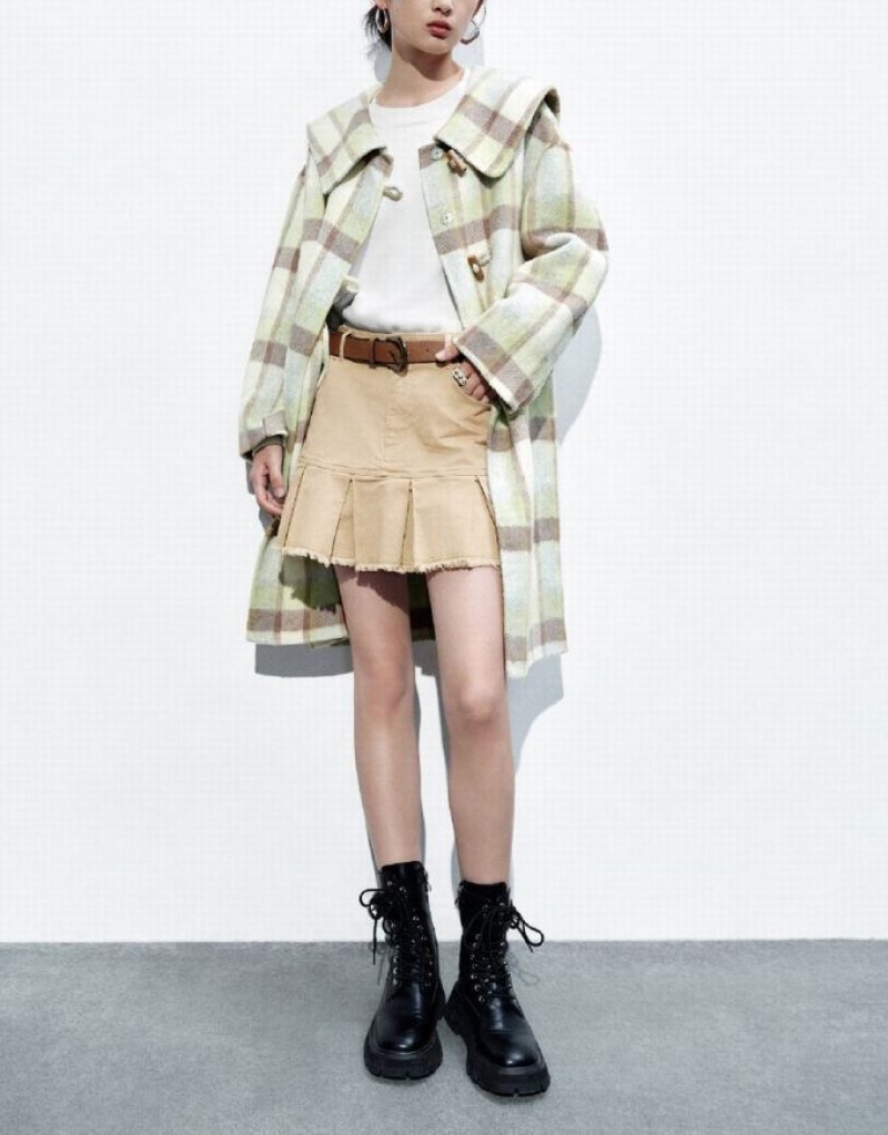 Multicolor Urban Revivo Plaid Straight Furry Women's Coats | 21803TSYX