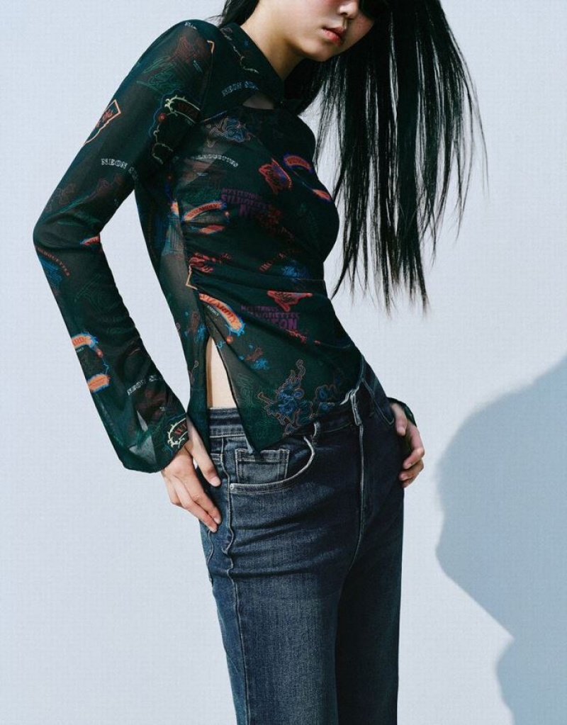 Multicolor Urban Revivo Printed Band Collar Skinny Women's T-Shirts | 05162SCUY