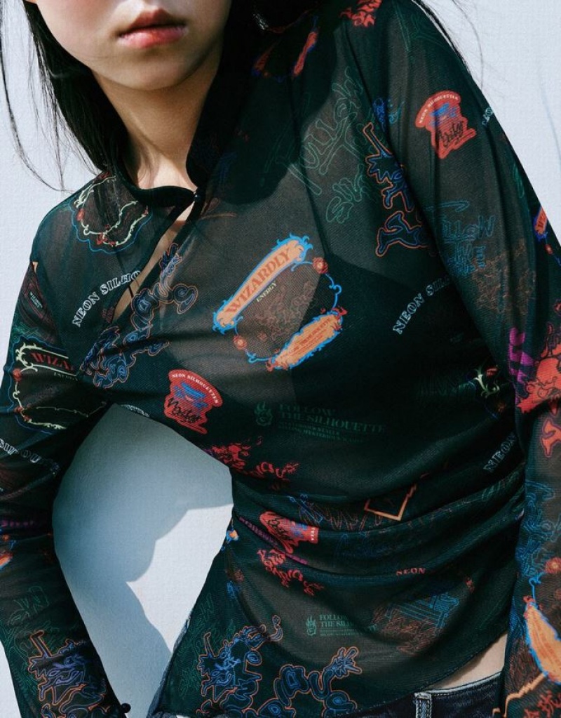 Multicolor Urban Revivo Printed Band Collar Skinny Women's T-Shirts | 05162SCUY