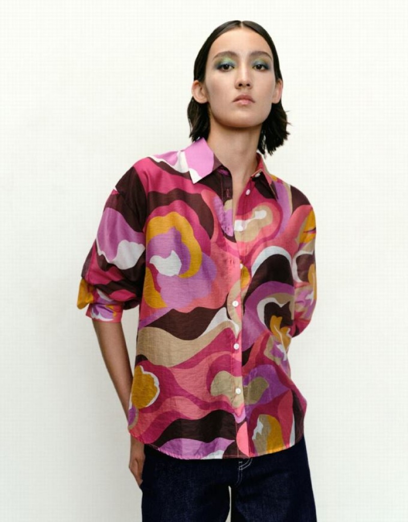 Multicolor Urban Revivo Printed Button Up Lapel Women's Shirts | 87923WDFK