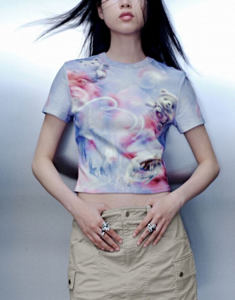 Multicolor Urban Revivo Printed Crew Neck Skinny Women's T-Shirts | 93746MJQT
