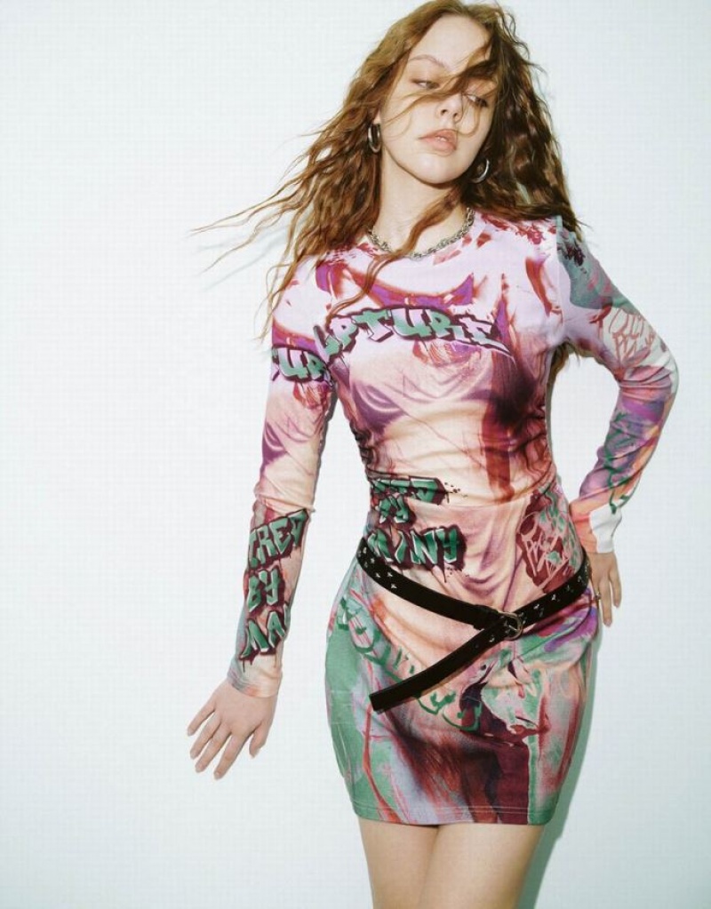 Multicolor Urban Revivo Printed Crew Neck Skinny Women's Dress | 02579YAPX