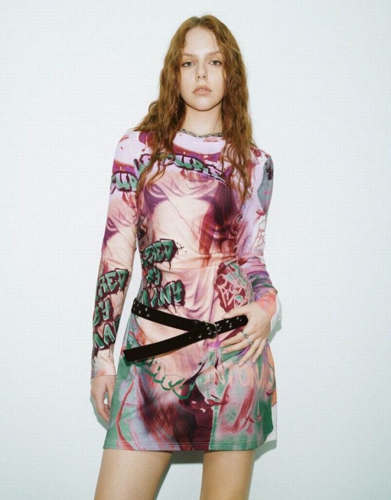 Multicolor Urban Revivo Printed Crew Neck Skinny Women\'s Dress | 02579YAPX