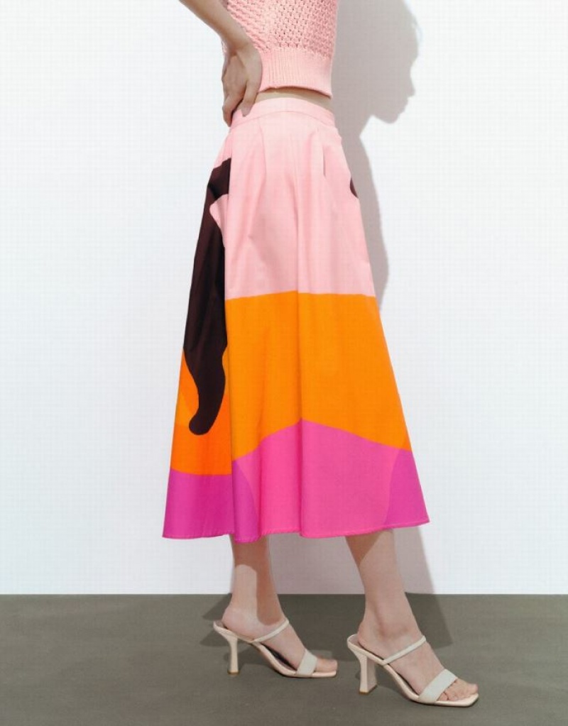 Multicolor Urban Revivo Printed Midi A-Line Women's Skirts | 91285RQJA