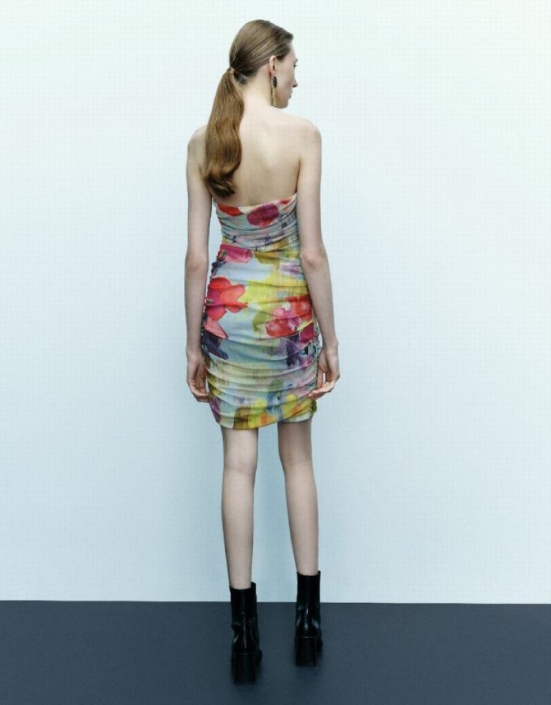 Multicolor Urban Revivo Printed Off-Shoulder Skinny Women's Dress | 89203DFSI