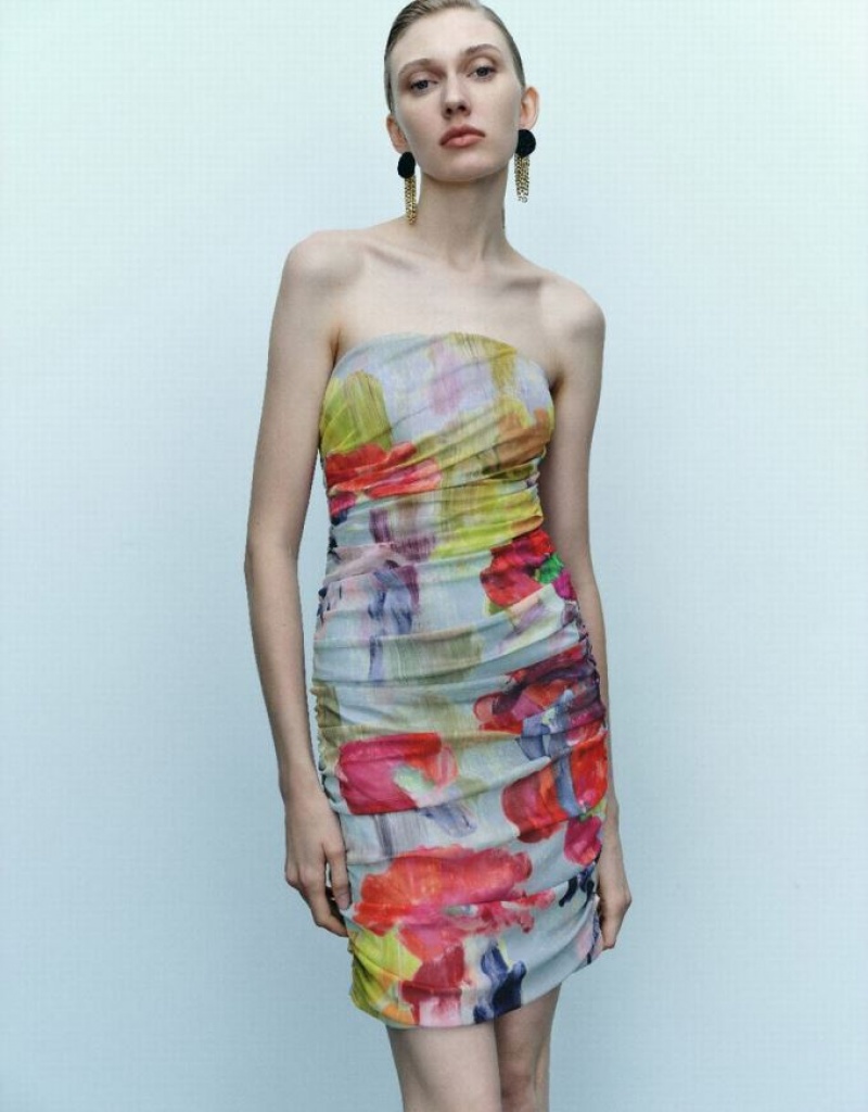 Multicolor Urban Revivo Printed Off-Shoulder Skinny Women\'s Dress | 89203DFSI