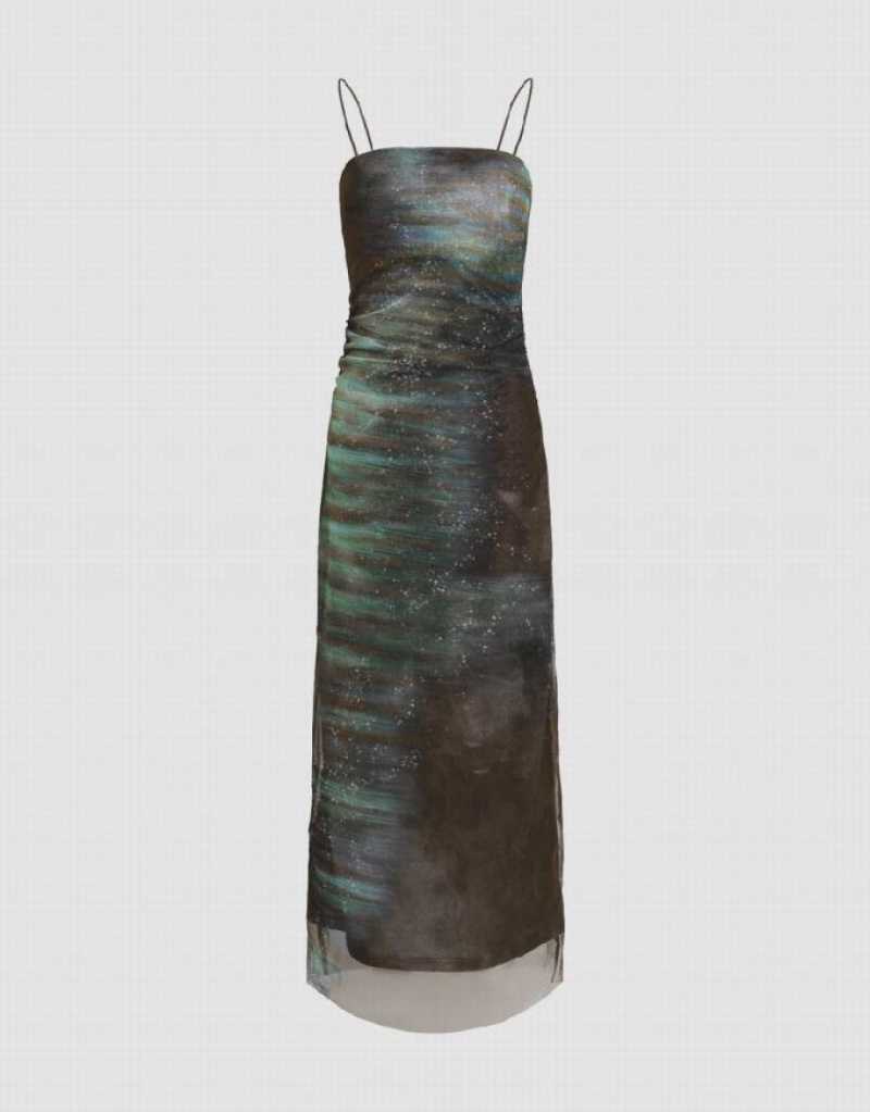 Multicolor Urban Revivo Printed Off-Shoulder Skinny Cami Women's Dress | 28376GPAV
