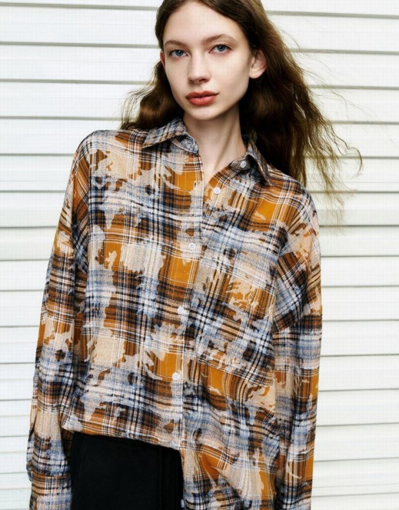 Multicolor Urban Revivo Printed Plaid Button Up Straight Women's Shirts | 69527MLZE
