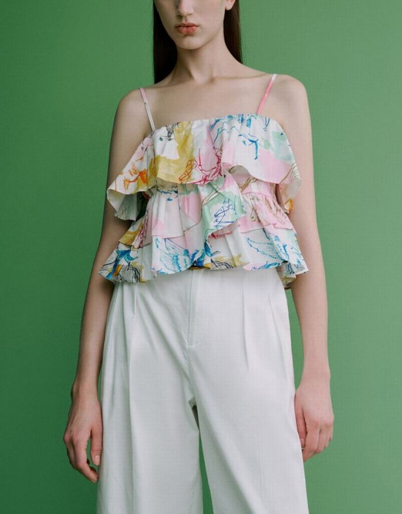 Multicolor Urban Revivo Printed Ruffle Cami Top Women's Blouse | 24706GUEL