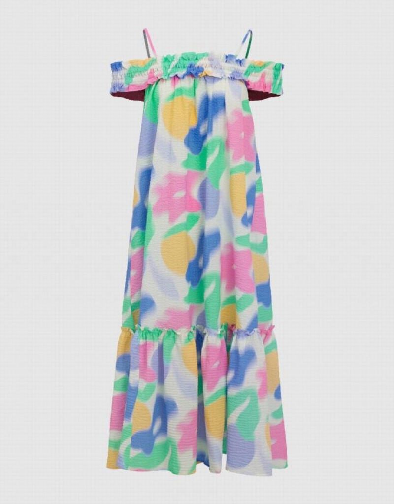 Multicolor Urban Revivo Printed Sleeveless Off-Shoulder A-Line Women's Dress | 80321AZCU