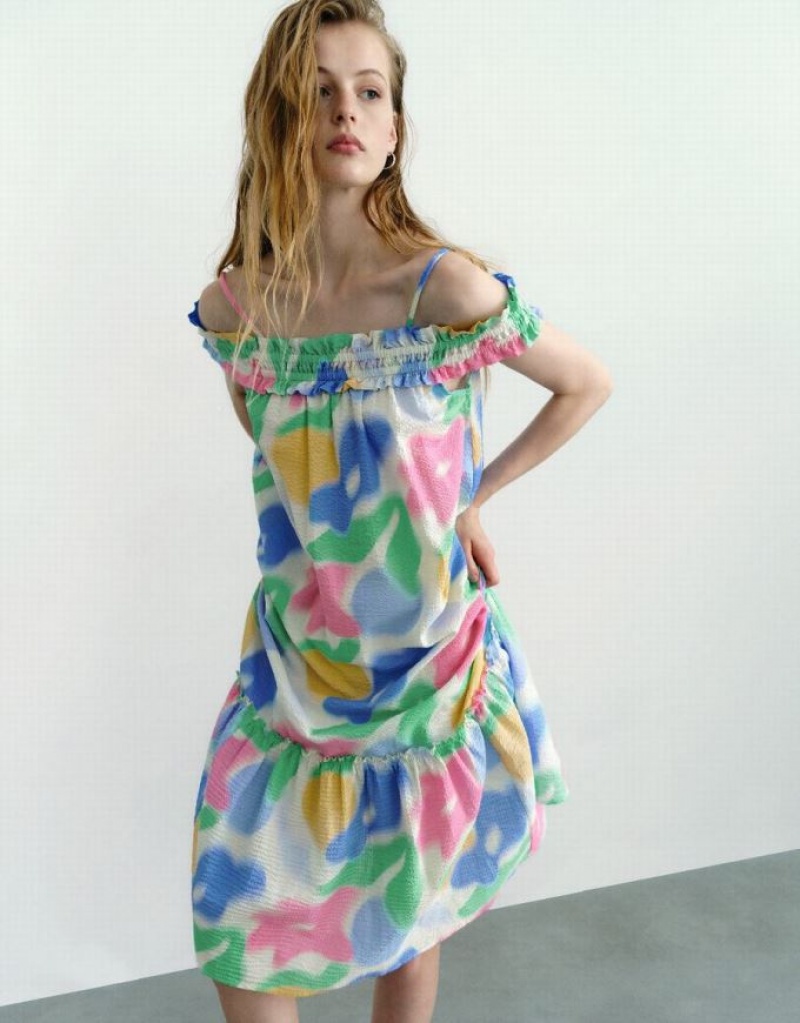 Multicolor Urban Revivo Printed Sleeveless Off-Shoulder A-Line Women's Dress | 80321AZCU