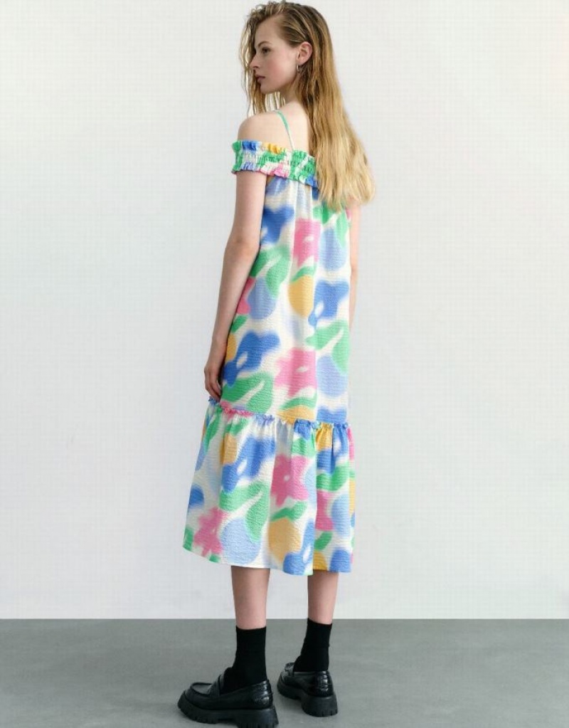 Multicolor Urban Revivo Printed Sleeveless Off-Shoulder A-Line Women's Dress | 80321AZCU