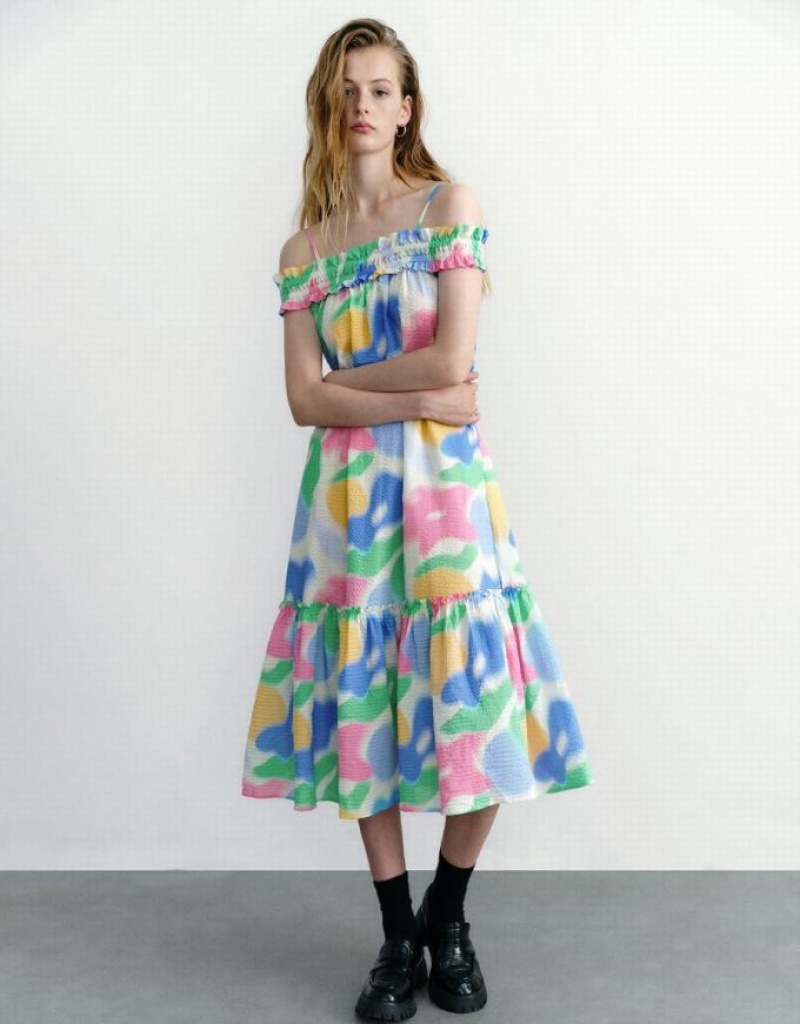 Multicolor Urban Revivo Printed Sleeveless Off-Shoulder A-Line Women\'s Dress | 80321AZCU