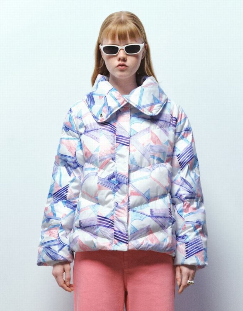 Multicolor Urban Revivo Printed Stand Collar Padded Women\'s Coats | 19823ELCD