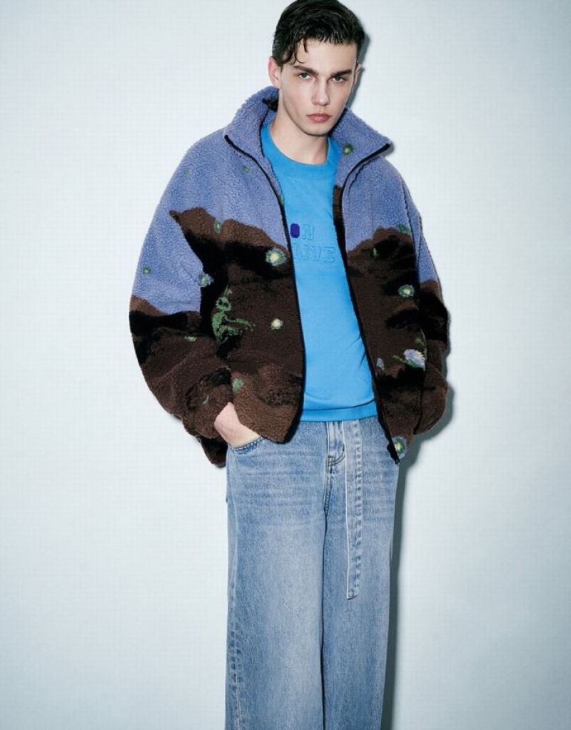 Multicolor Urban Revivo Printed Stand Collar Furry Men's Jacket | 08356RDWS