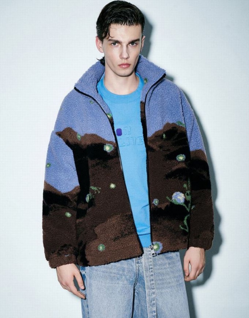 Multicolor Urban Revivo Printed Stand Collar Furry Men\'s Jacket | 08356RDWS