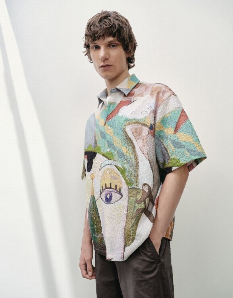 Multicolor Urban Revivo Printed Textured Loose Men's Shirts | 89657HKMZ
