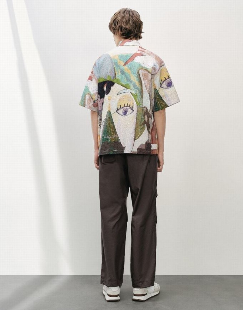 Multicolor Urban Revivo Printed Textured Loose Men's Shirts | 89657HKMZ