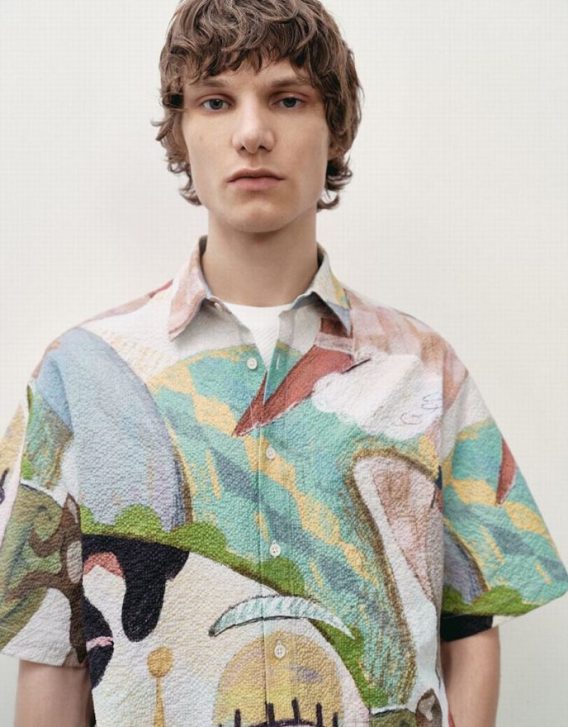 Multicolor Urban Revivo Printed Textured Loose Men's Shirts | 89657HKMZ