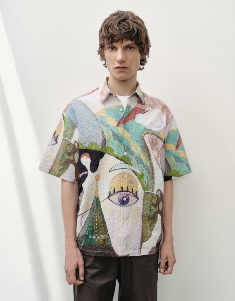 Multicolor Urban Revivo Printed Textured Loose Men\'s Shirts | 89657HKMZ