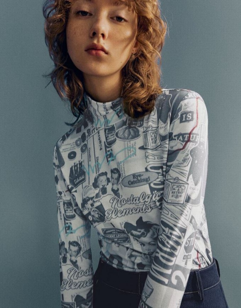 Multicolor Urban Revivo Printed Turtle Neck Skinny Women's T-Shirts | 26085PARV