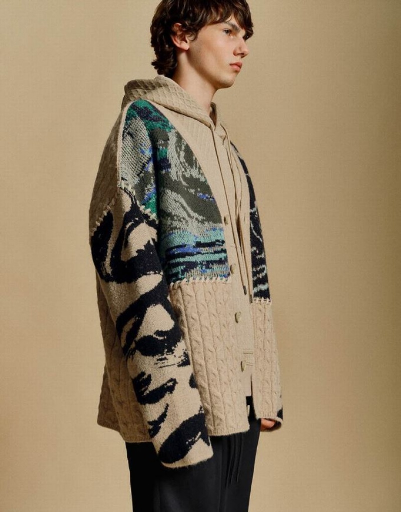 Multicolor Urban Revivo Printed V-Neck Knitted Men's Cardigan | 43172FHNJ