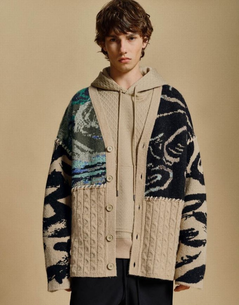 Multicolor Urban Revivo Printed V-Neck Knitted Men\'s Cardigan | 43172FHNJ