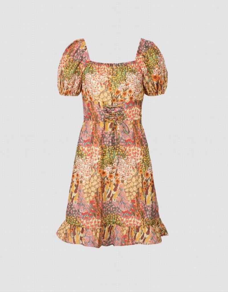 Multicolor Urban Revivo Square-Cut Collar Skater Women's Short Dress | 79501SGTK