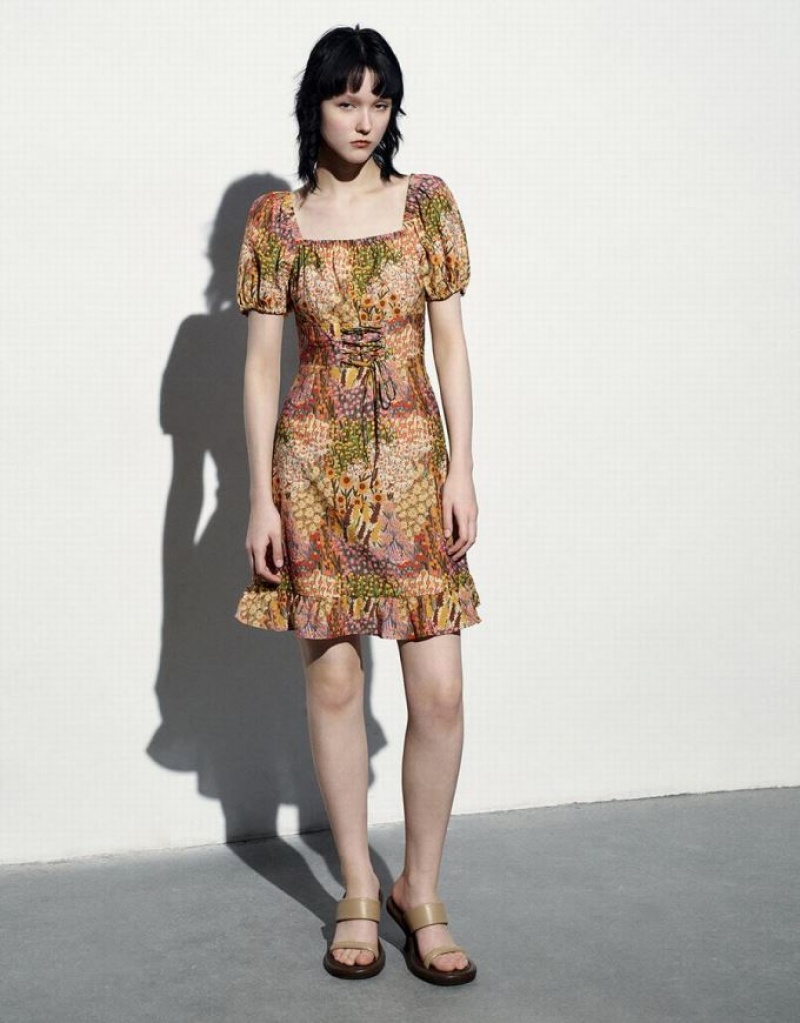 Multicolor Urban Revivo Square-Cut Collar Skater Women's Short Dress | 79501SGTK